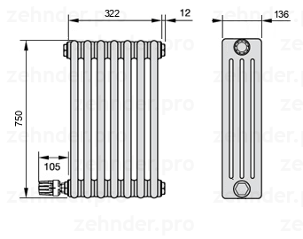 Схема (чертеж) Радиатор Zehnder Charleston 4075/7 №V003 Белый глянцевый RAL 9016